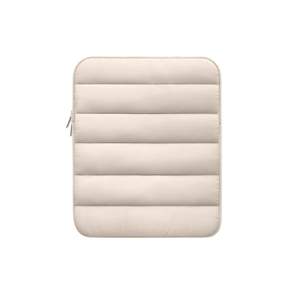 Fluffy puff bag laptop sleeve for 9.7-11 inch devices in black, khaki, or silver with elastic sides.