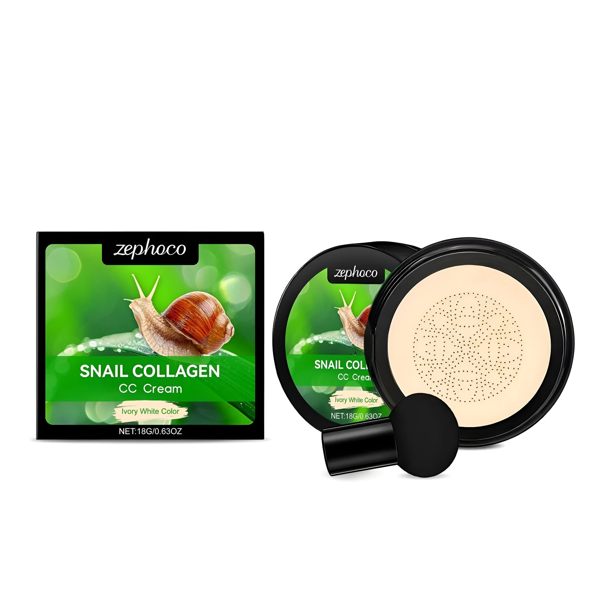 ZEPHOCO CC cream foundation and concealer tube with mushroom powder puff in ivory white and natural colour options