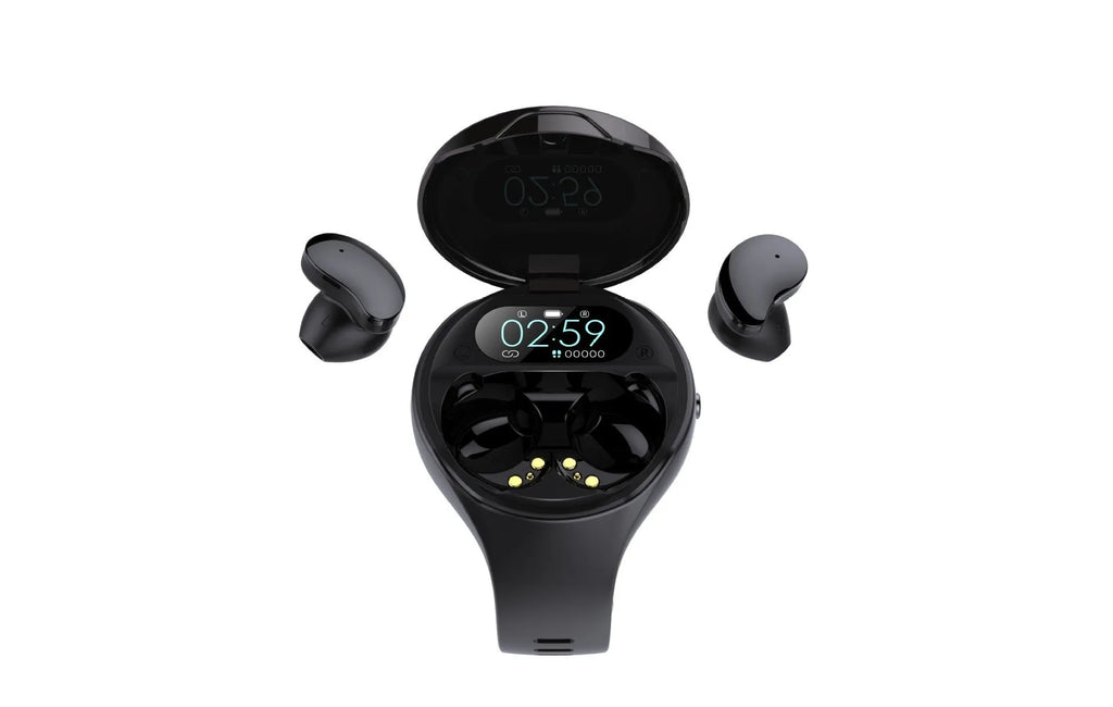 Black detachable smart bracelet and Bluetooth headset combo showing colour screen and earbuds.