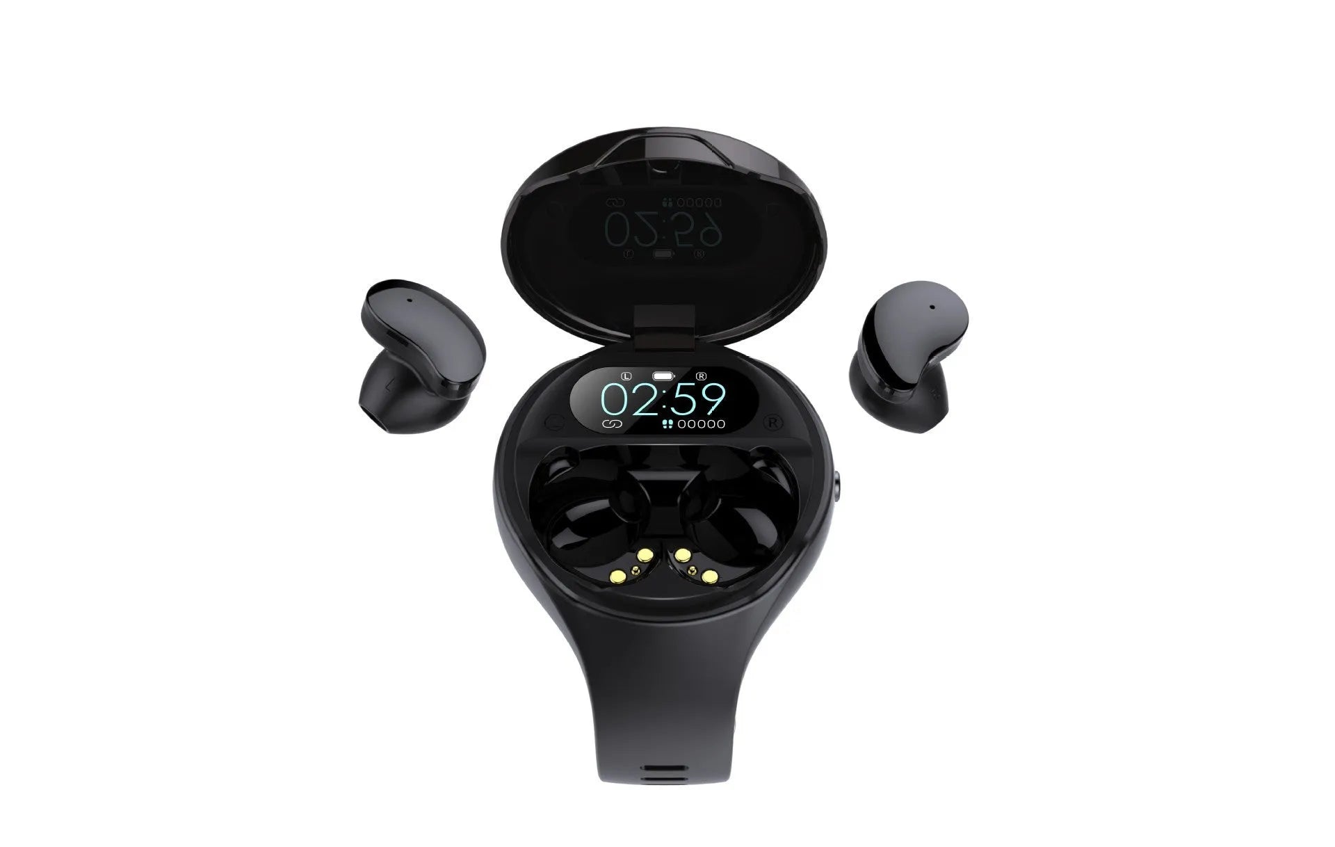 Black detachable smart bracelet and Bluetooth headset combo showing colour screen and earbuds.