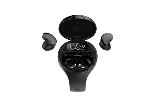 Black detachable smart bracelet and Bluetooth headset combo showing colour screen and earbuds.