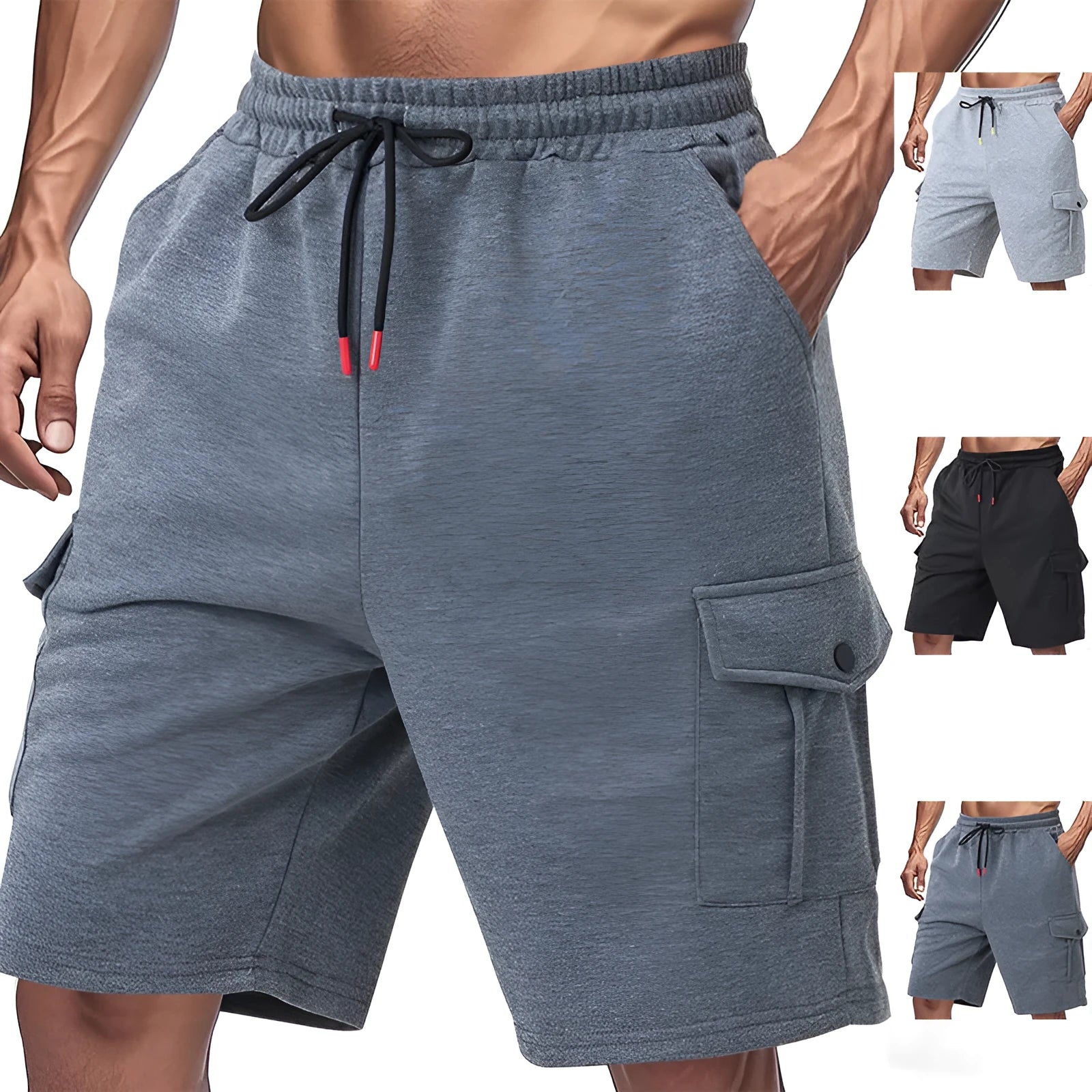 Man's light grey loose-fit cargo shorts made from heavy towel fabric with multiple pockets.