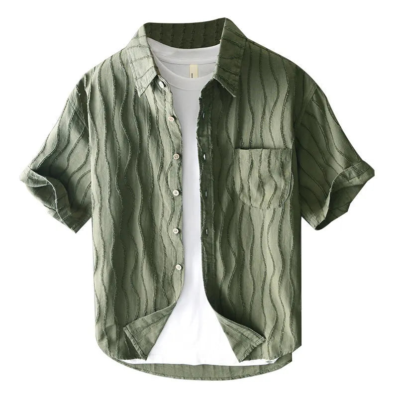 Men's pure cotton short sleeve casual shirt in loose fit Japanese style, apricot colour