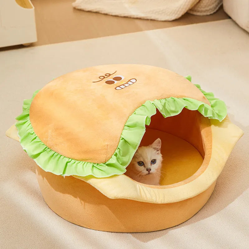 Medium-sized grey insulated cat kennel with a soft fleece cushion inside, shown both assembled and disassembled for storage.