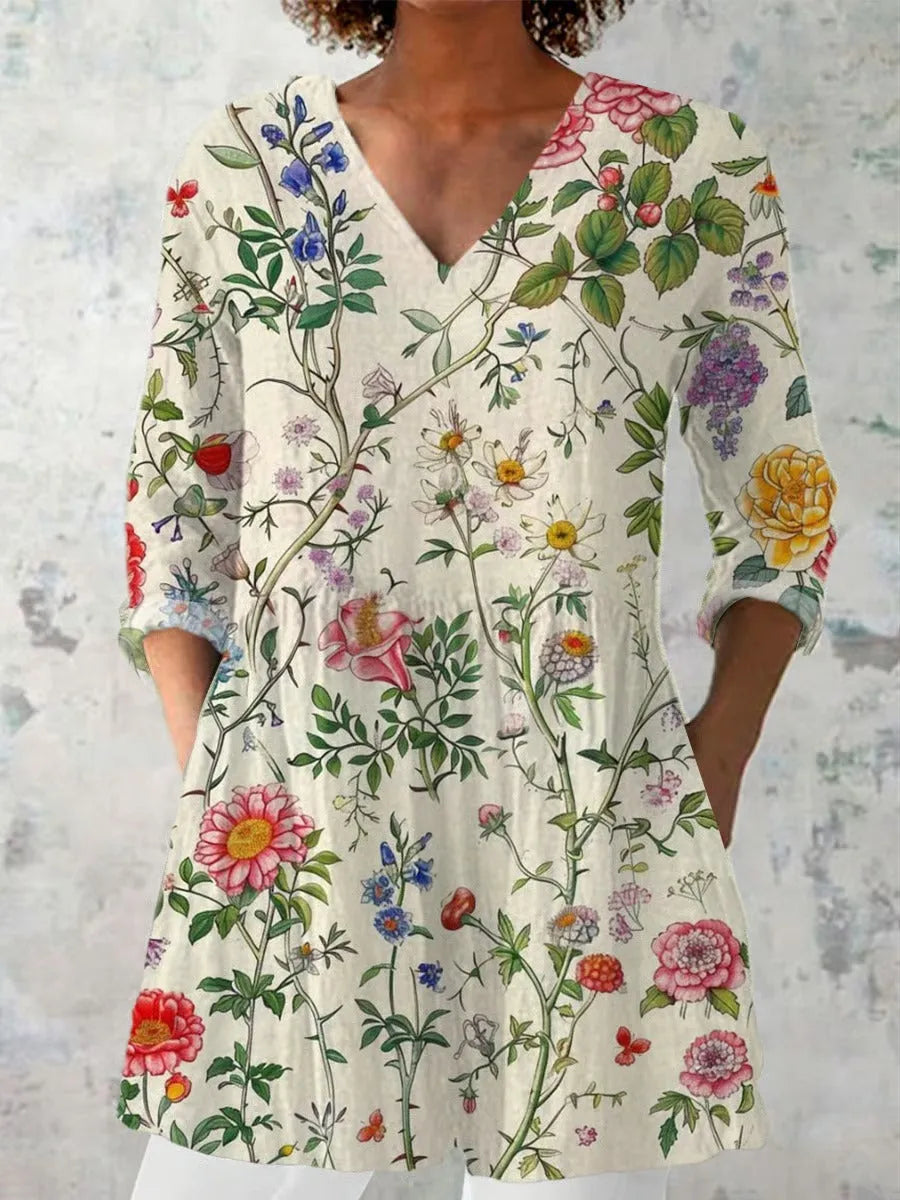 Women's retro slim-fit printed long-sleeved top in a digital print pattern, available in multiple colours.