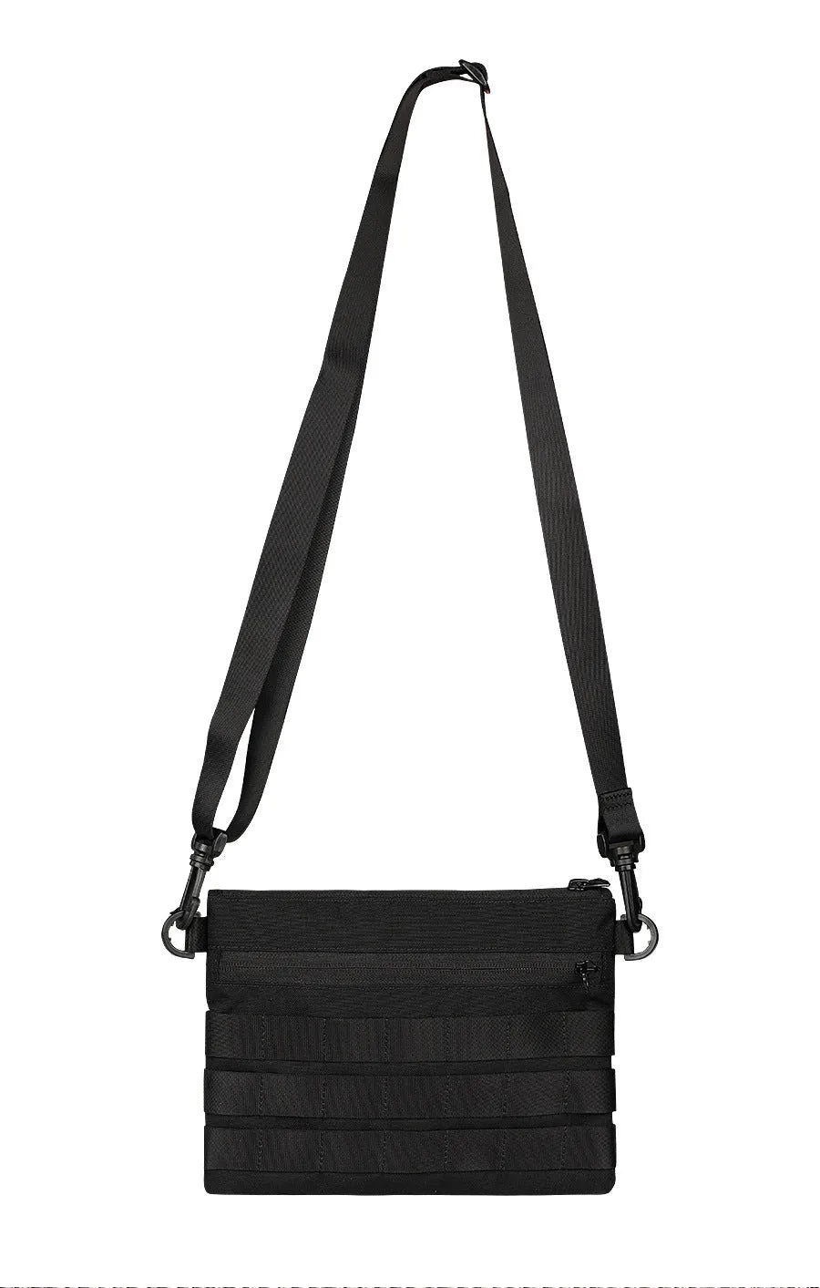 Black Oxford cloth outdoor waist bag showing compact 18 by 3.5 cm size.