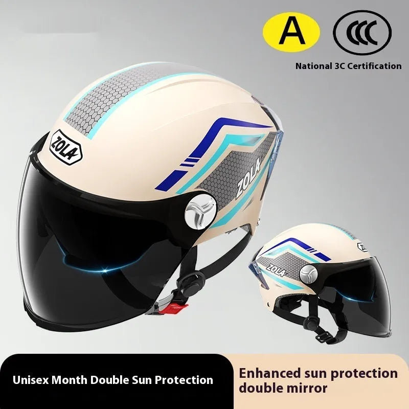3C certified ABS motorcycle half helmet with a dual mirror sun visor shown in a light brown colour variant.