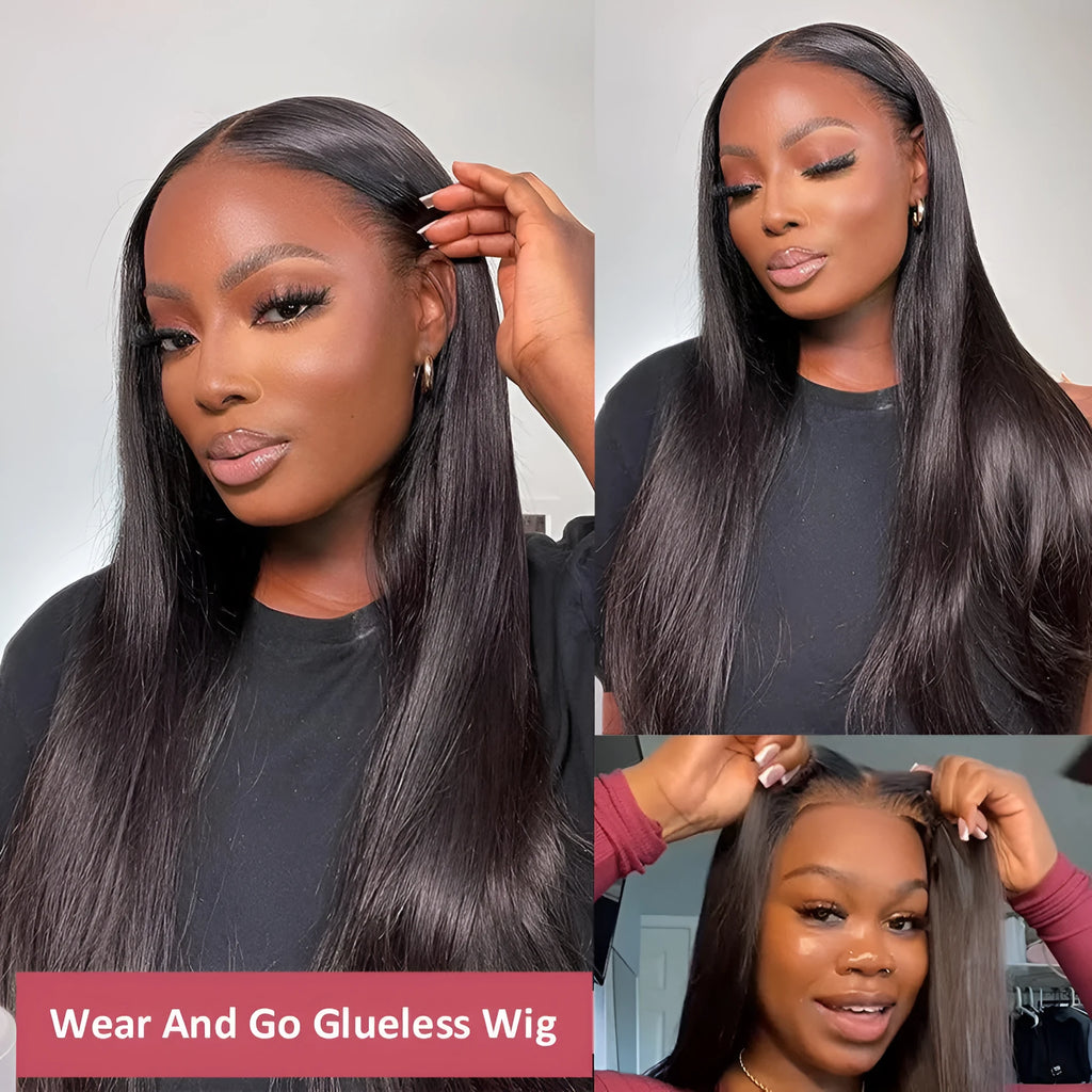 Straight human hair glueless wig with side bangs shown in natural style