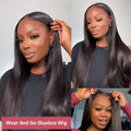 Straight human hair glueless wig with side bangs shown in natural style