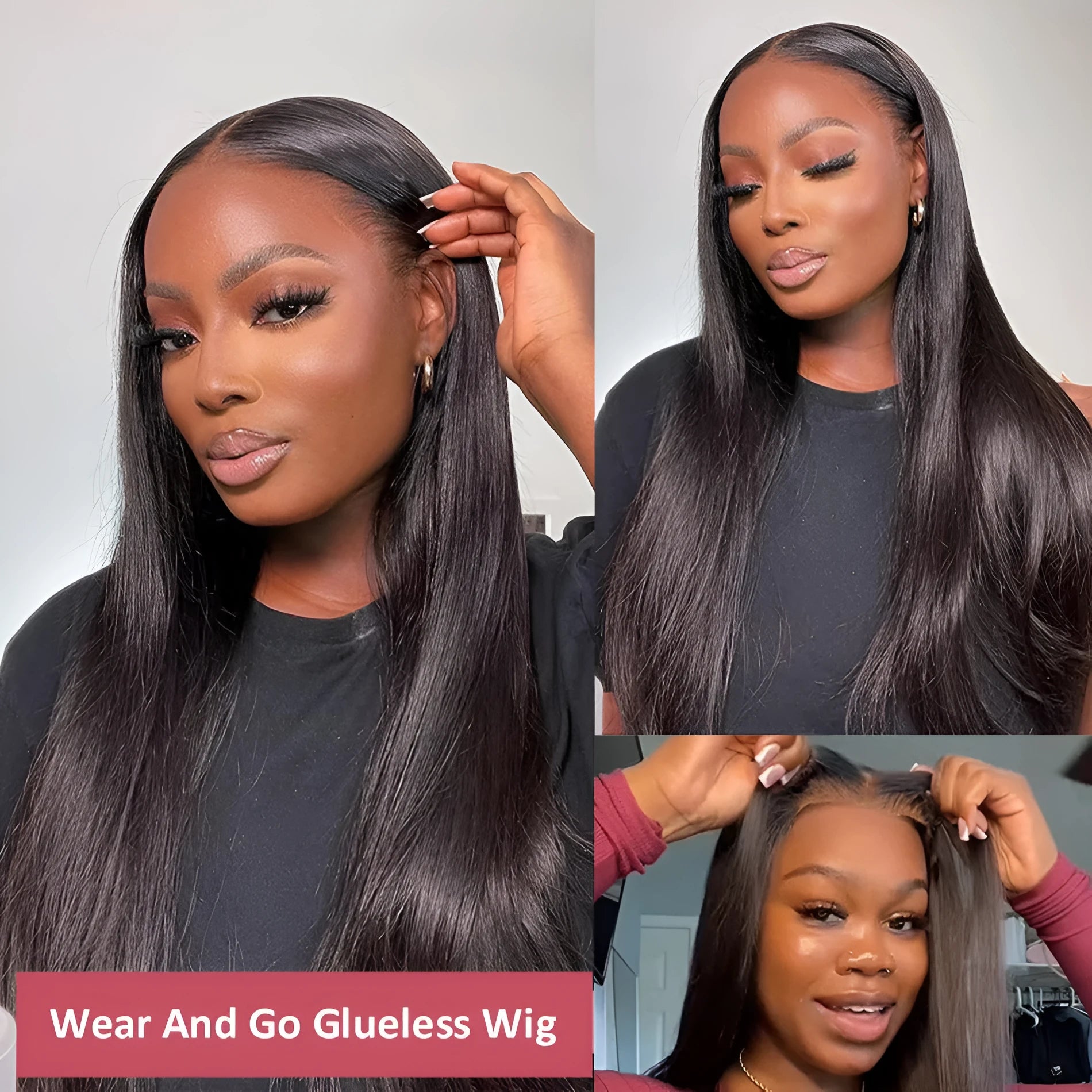 Straight human hair glueless wig with side bangs shown in natural style