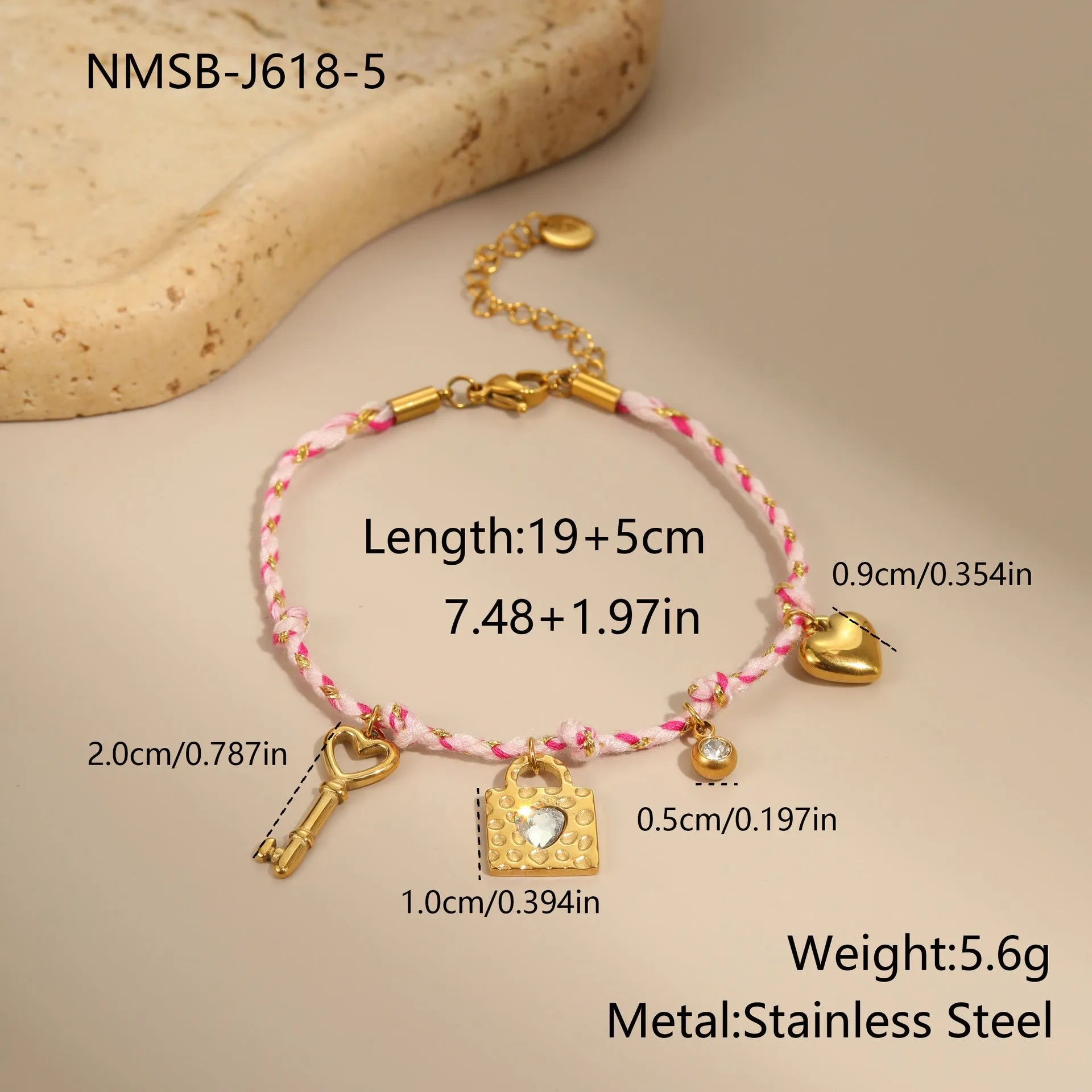Handmade braided rope necklace and bracelet set with heart pendant in stainless steel