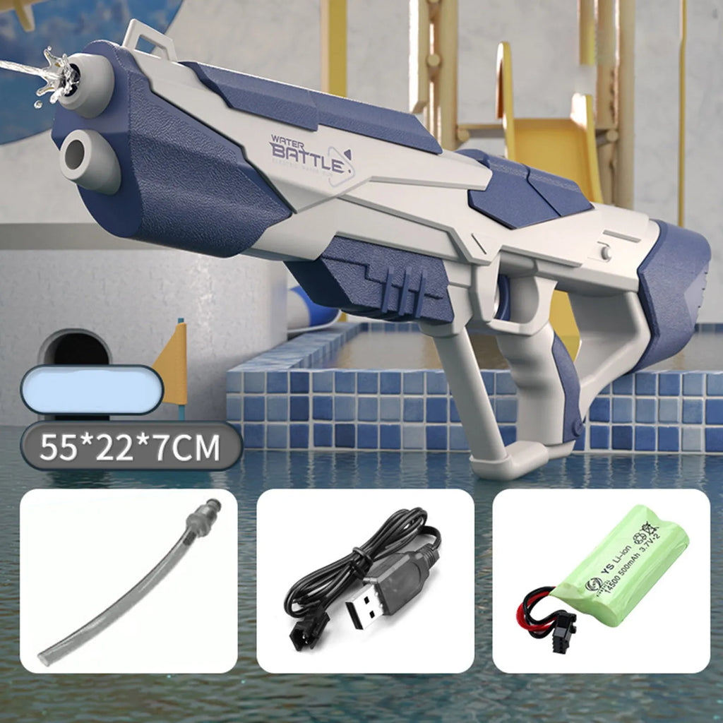 Blue electric water gun with automatic water absorption and USB charging cable