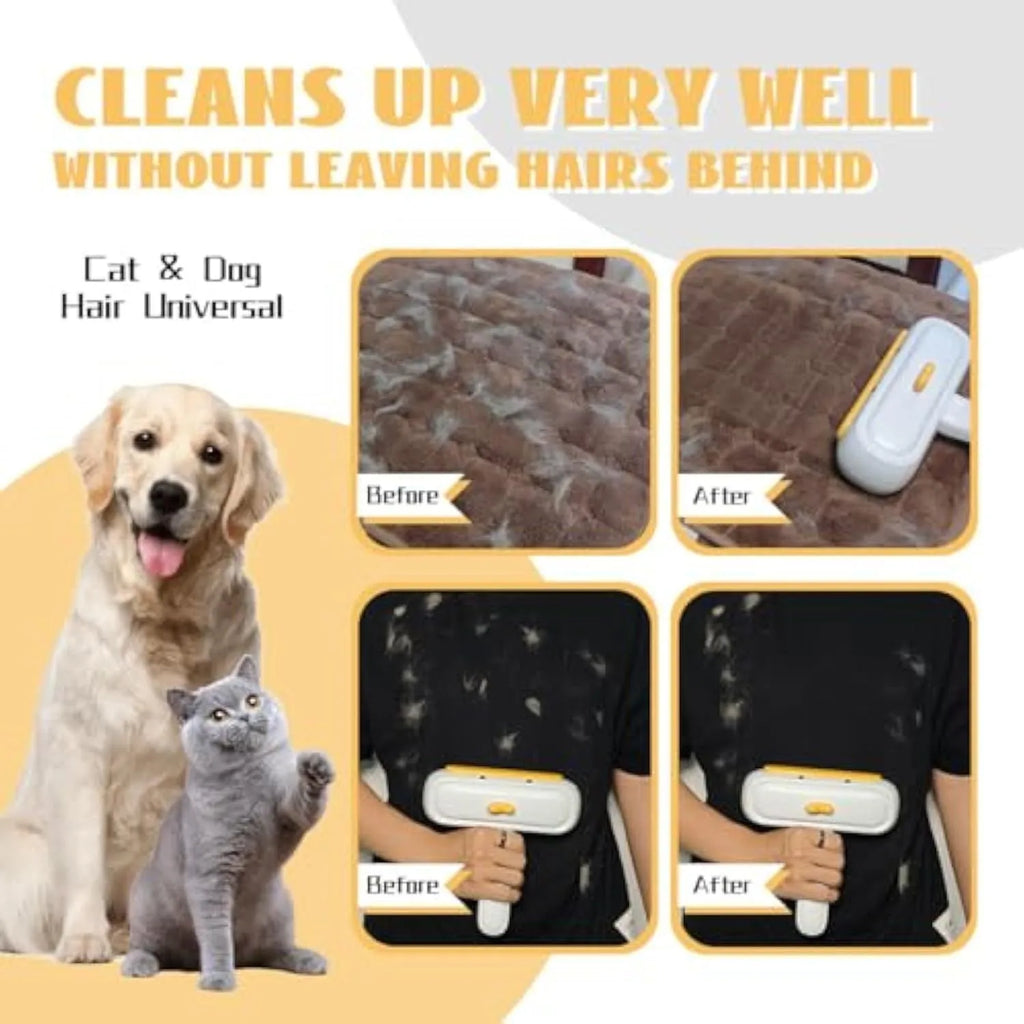 White portable pet hair remover tool with yellow duck cartoon design and polyester bristles