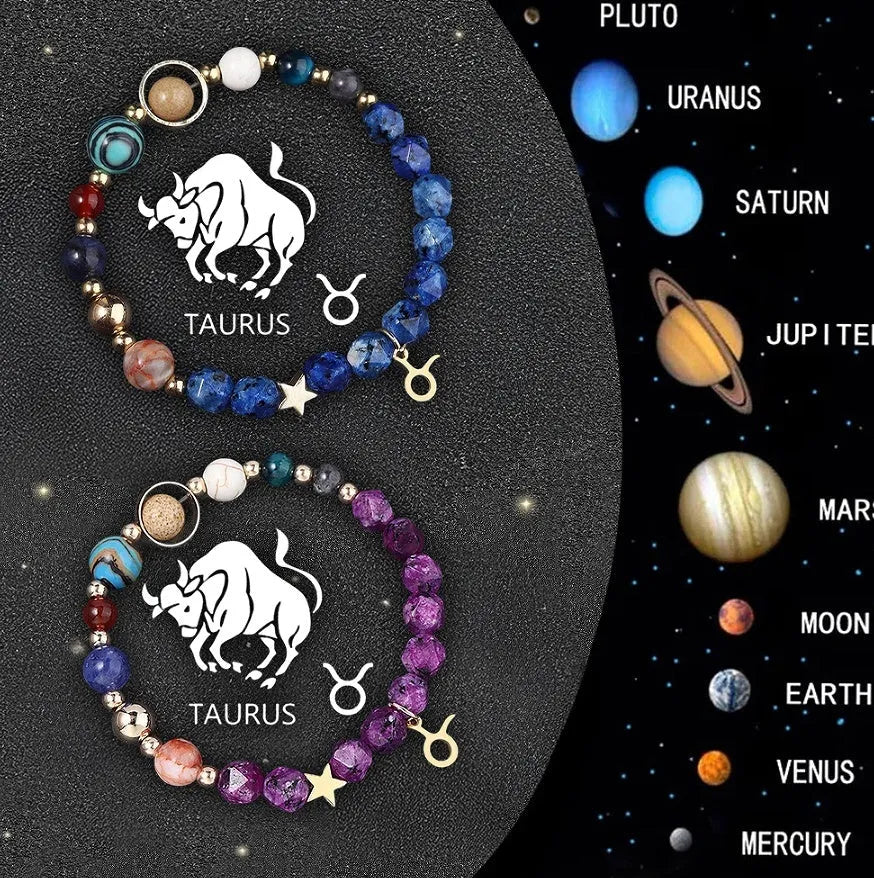 Set of twelve natural stone beaded bracelets showing different zodiac sign designs on elastic cords