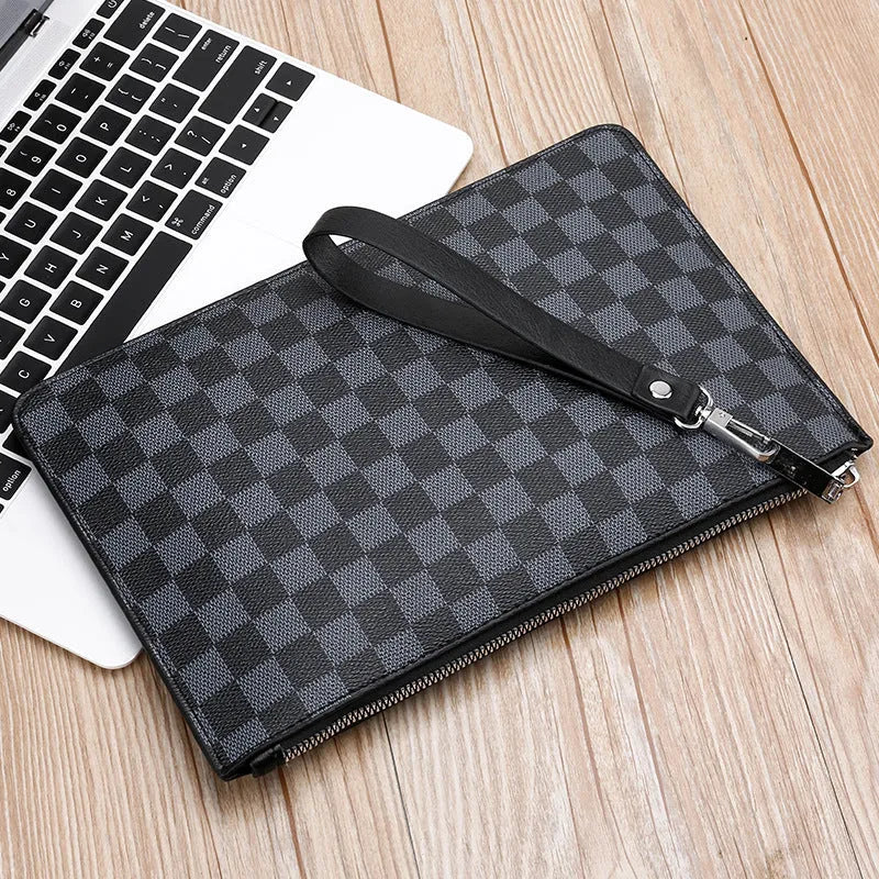 Men's soft PU leather clutch wallet with card slots in plaid or sheepskin design