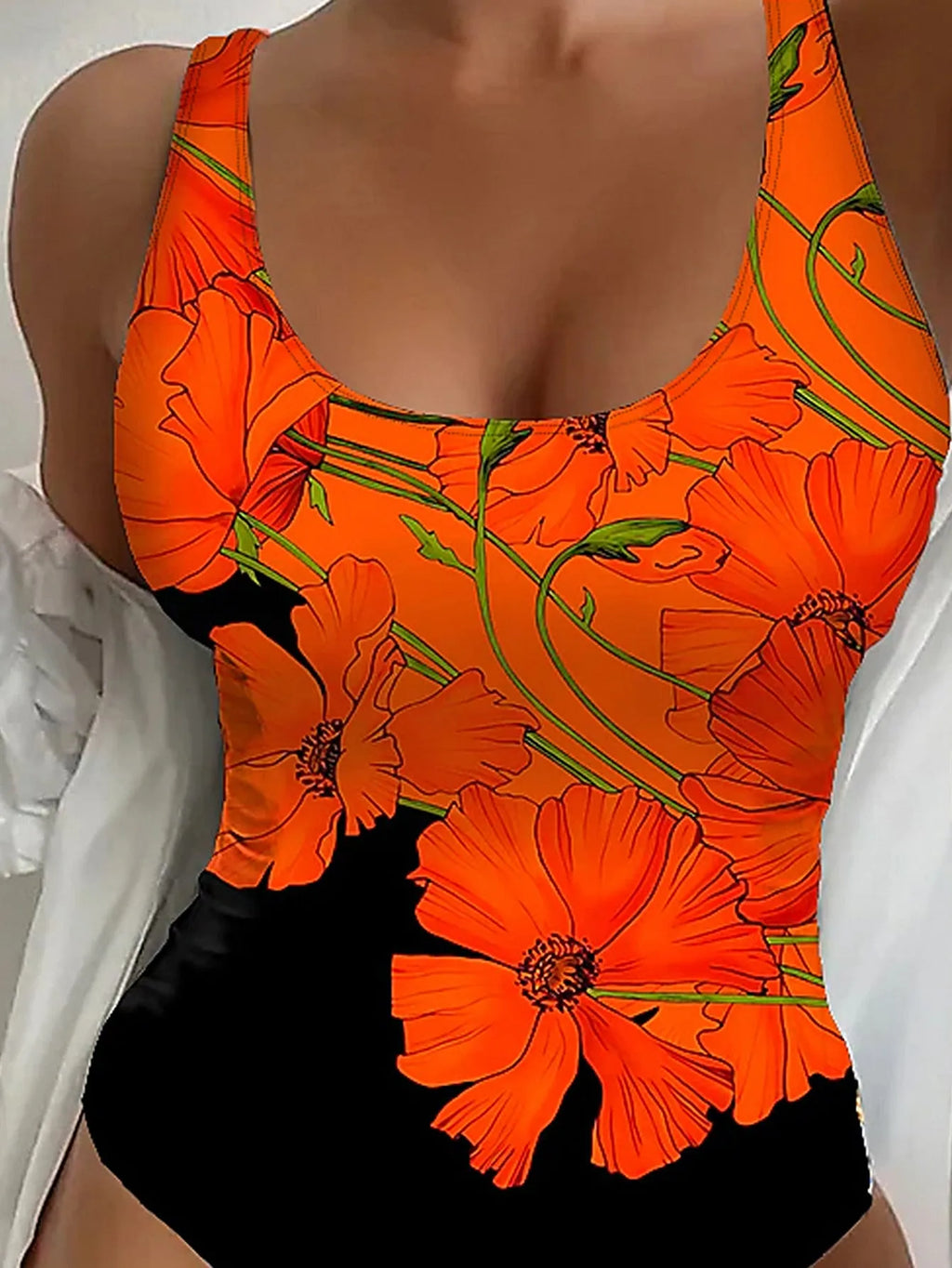 Orange flowers printed backless one-piece swimsuit in slim fit style made of polyester fabric