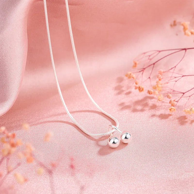 S925 silver cherry necklace with adjustable snake bone chain, Korean style pendant.