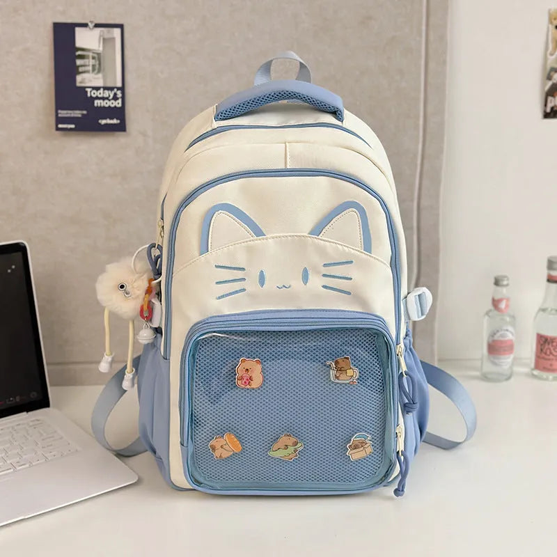 Korean cartoon animation style backpack in two sizes with curved shoulder straps.