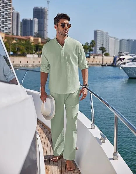 Men's casual cotton suit in a solid colour, featuring a long-sleeve top and trousers.