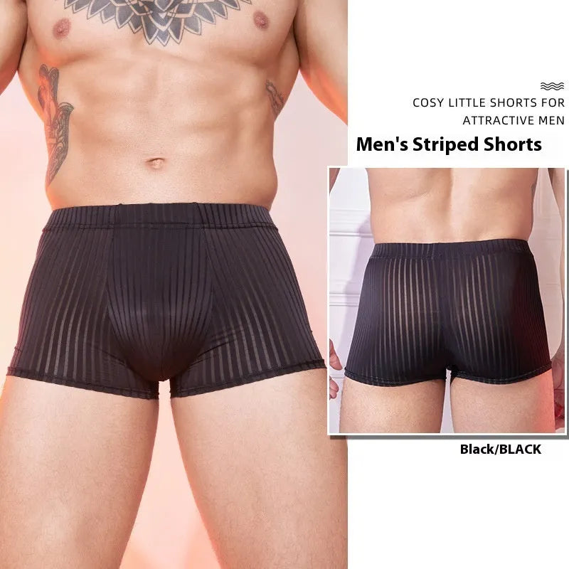 Men's striped nylon underwear in thin transparent fabric, black dark grey white colours