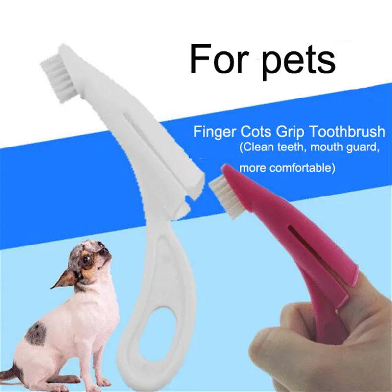 Red and white pet finger toothbrushes with silicone bristles for dog and cat dental cleaning.