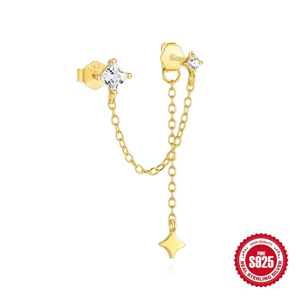 S925 sterling silver geometric chain stud earrings with zircon inlay in golden designs