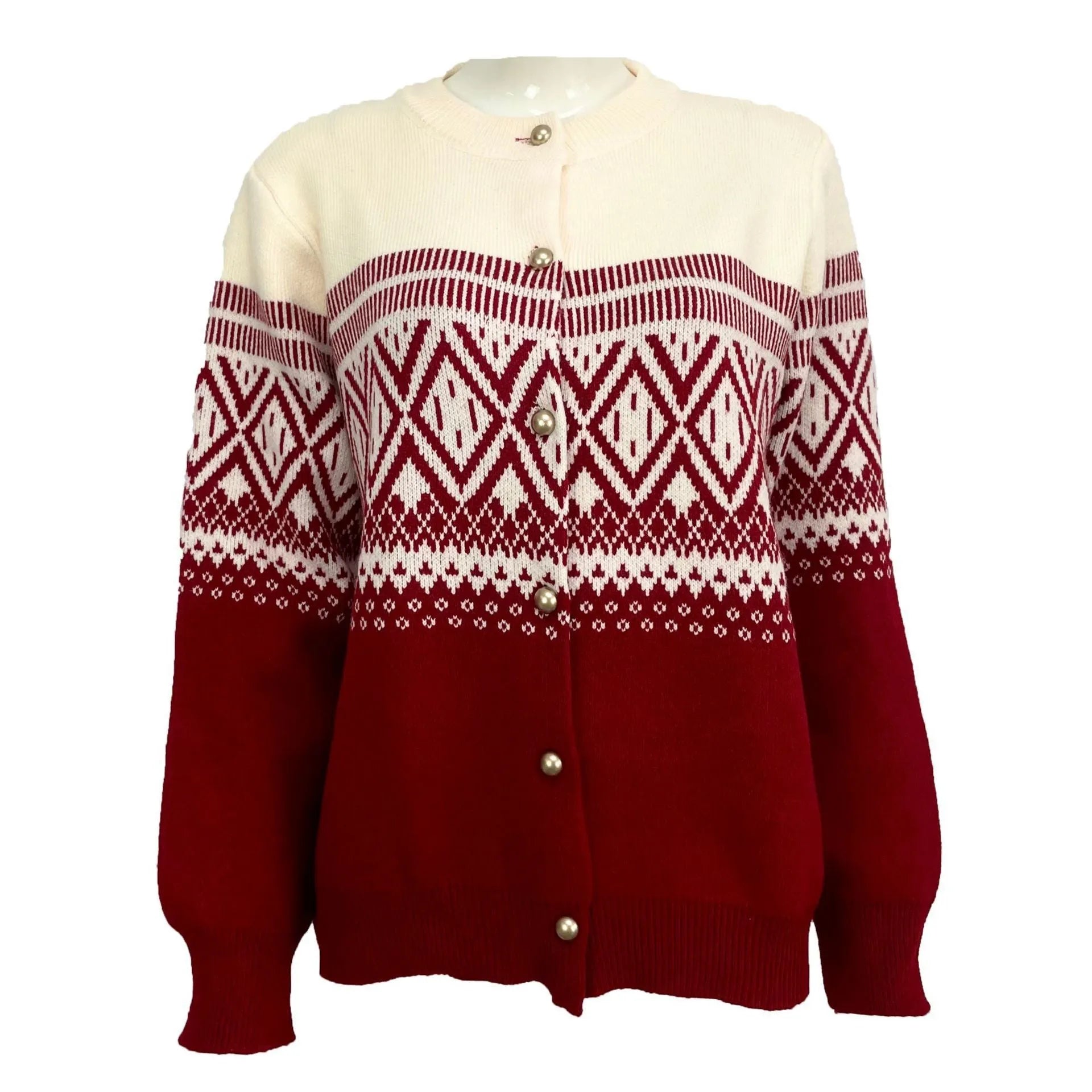 Women's red alpaca wool diamond knit cardigan with contrast colour long sleeves