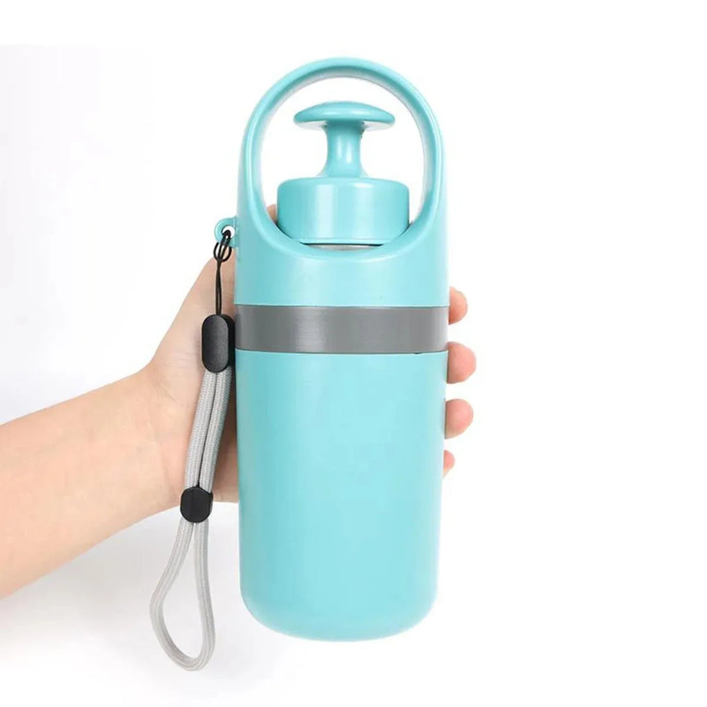 Blue portable claw dog pooper scooper with integrated garbage bag dispenser for outdoor pet waste cleanup