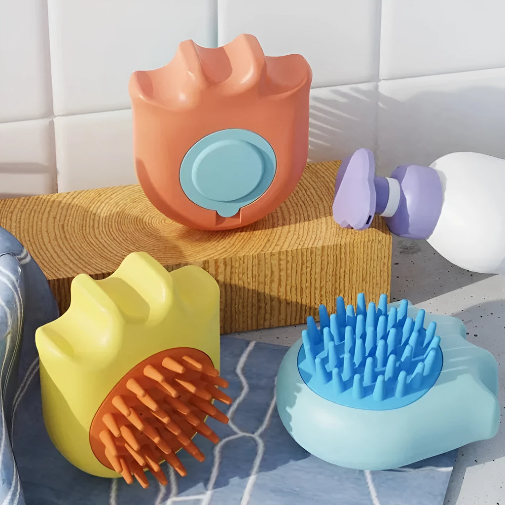 Blue silicone pet bath brush with integrated shampoo box compartment for washing cats and dogs