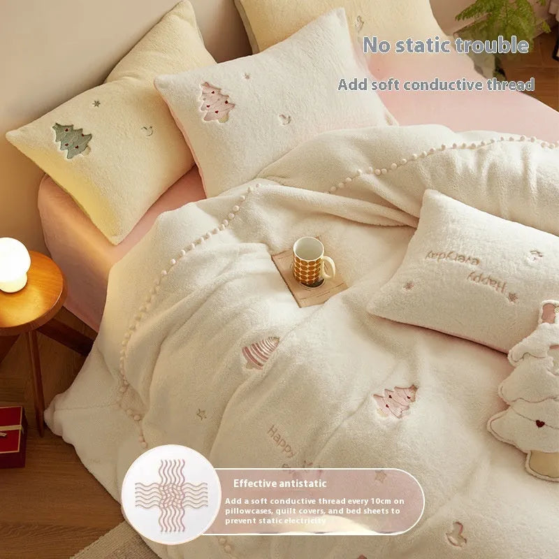 Milk fibre Christmas bedding set with reactive printed tree pattern shown on bed