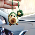 Handmade crocheted car pendant in avocado, pink rainbow, and red rainbow colour designs