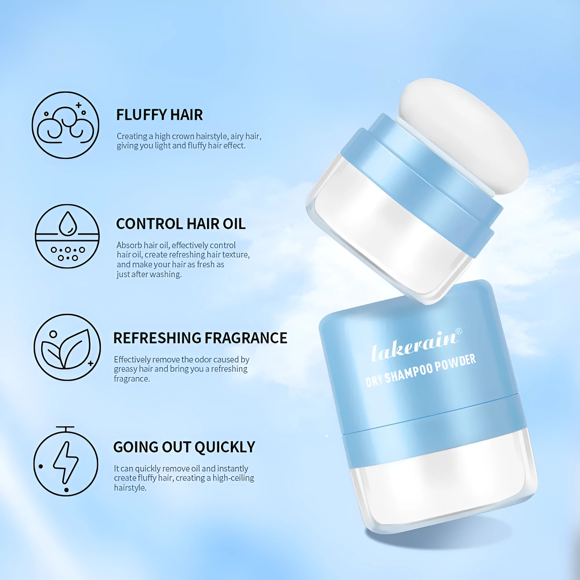Single-use 5g dry hair powder sachet and disposable sponge headband for bangs refresh.