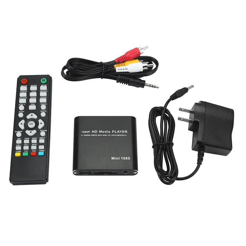 Compact blue and black 1080p Full HD media player with HDMI port and remote control