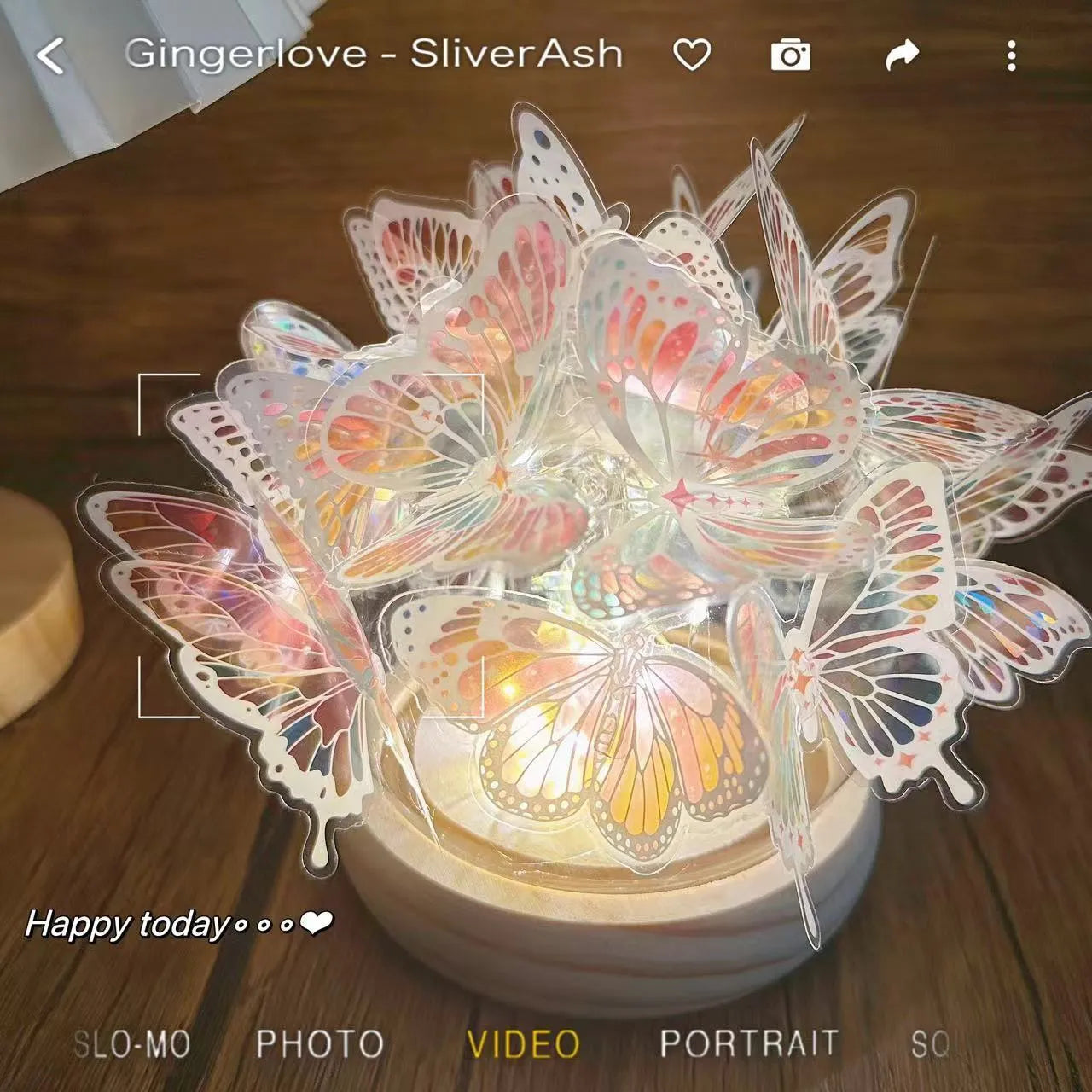 Butterfly-themed small night lamp with glass shade and raw wood base, 12x15 cm.