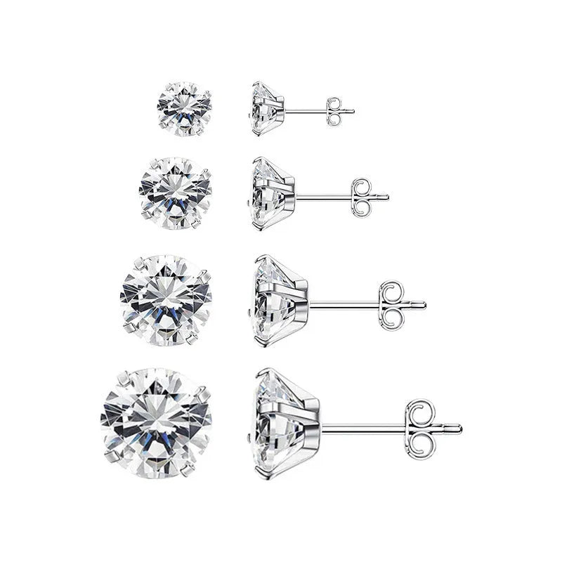 Geometric square stainless steel stud earrings with a round zircon stone, available in gold or steel colour.