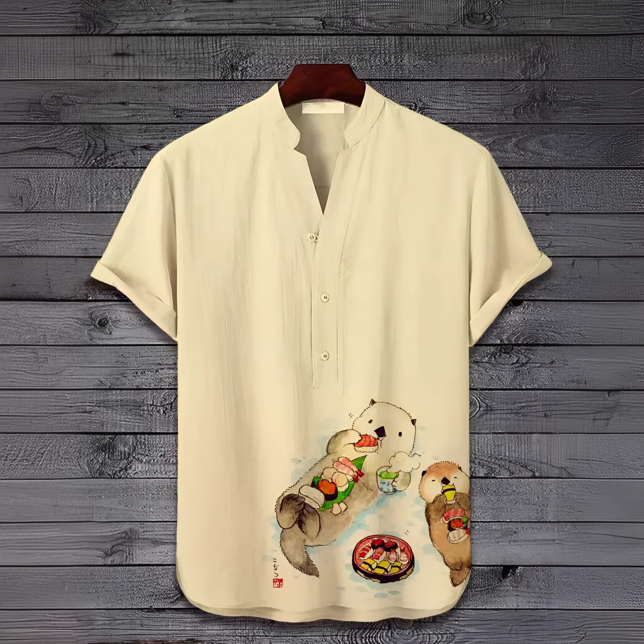 3D digital animal pattern short sleeve shirt on a hanger, showing the print detail.