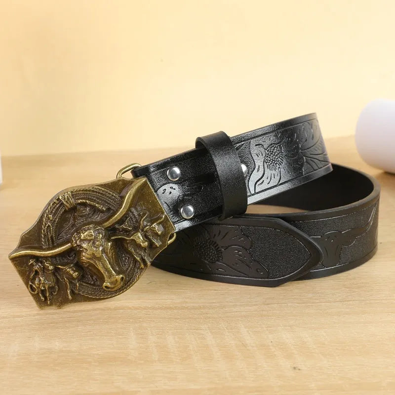 Men's black imitation leather belt with a detailed metal cow head buckle and pin clasp.
