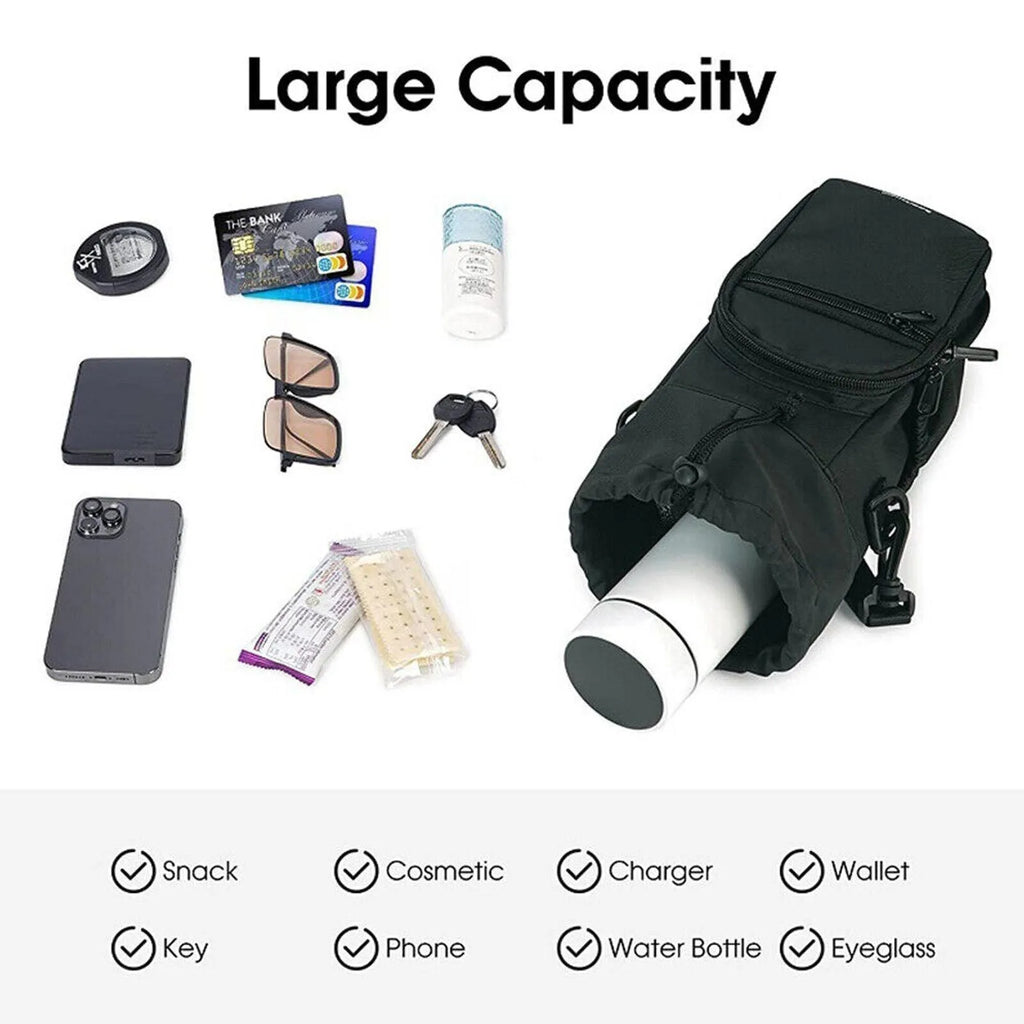Canvas crossbody water bottle pouch in black green and pink holding a cup