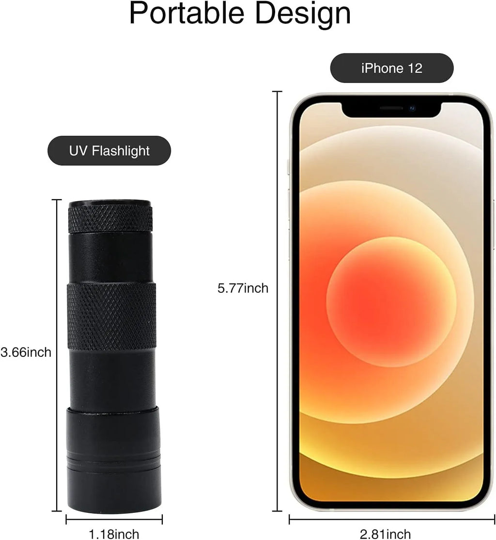 Black aluminium alloy UV flashlight for detecting pet urine stains and pests with 395-400nm wavelength