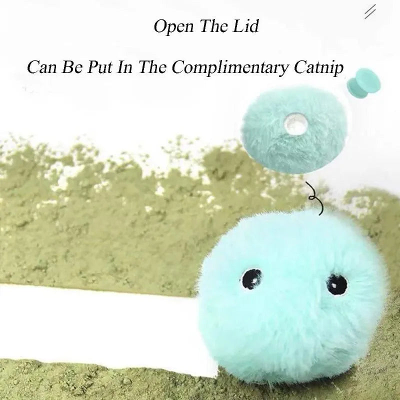 Interactive cat toy ball in blue, pink or yellow with sound activation and catnip compartment