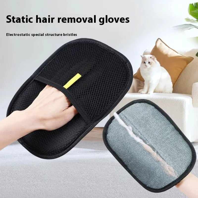 Black pet grooming glove with silicone bristles for removing hair from dogs cats rabbits
