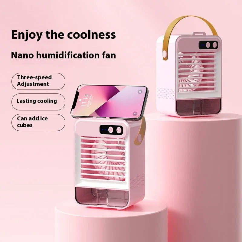 Compact desktop humidifier in dark green with USB port and control buttons