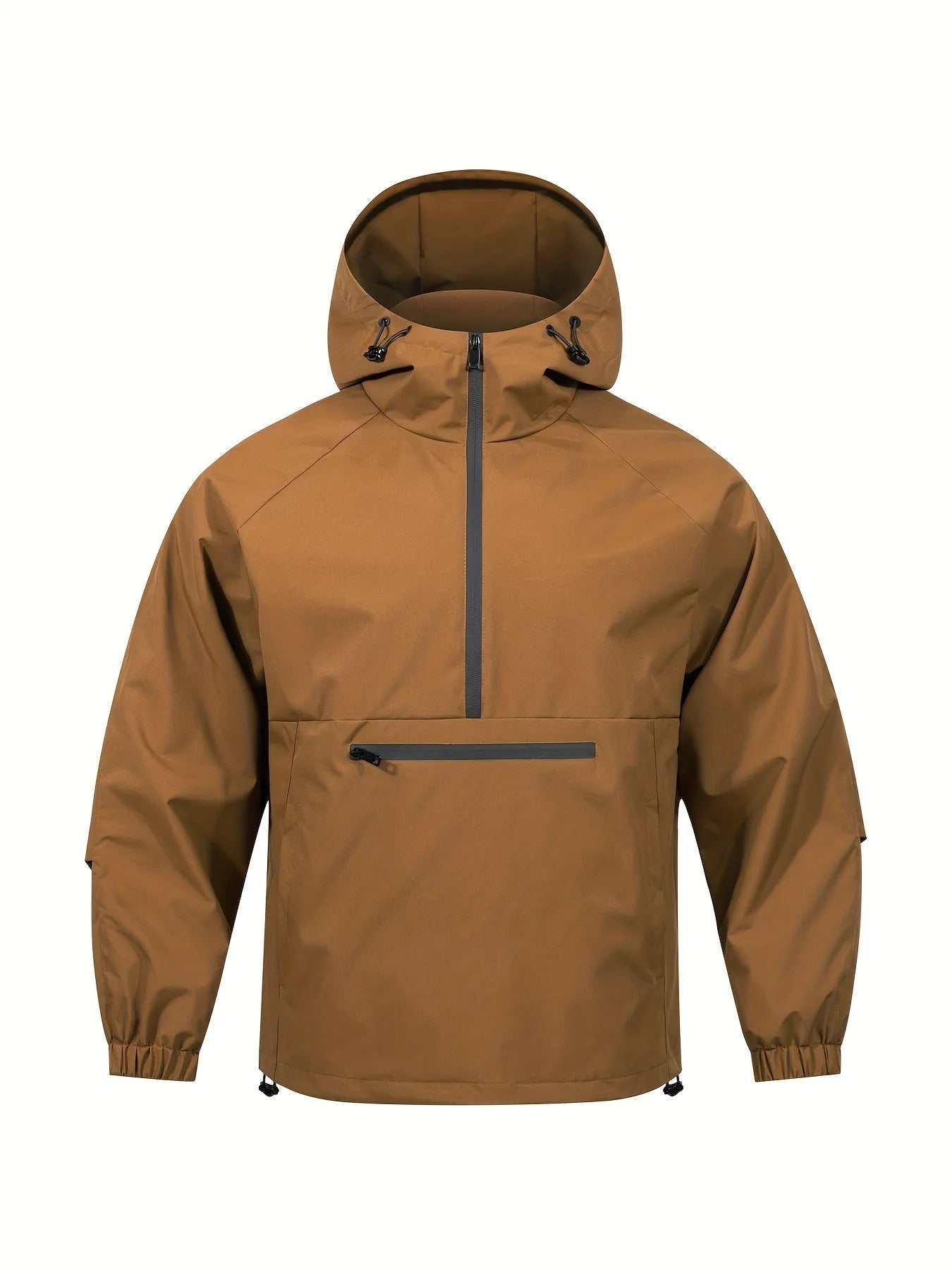 Men's loose grey corduroy half-zip hooded sweater jacket with rabbit fur fabric on a hanger