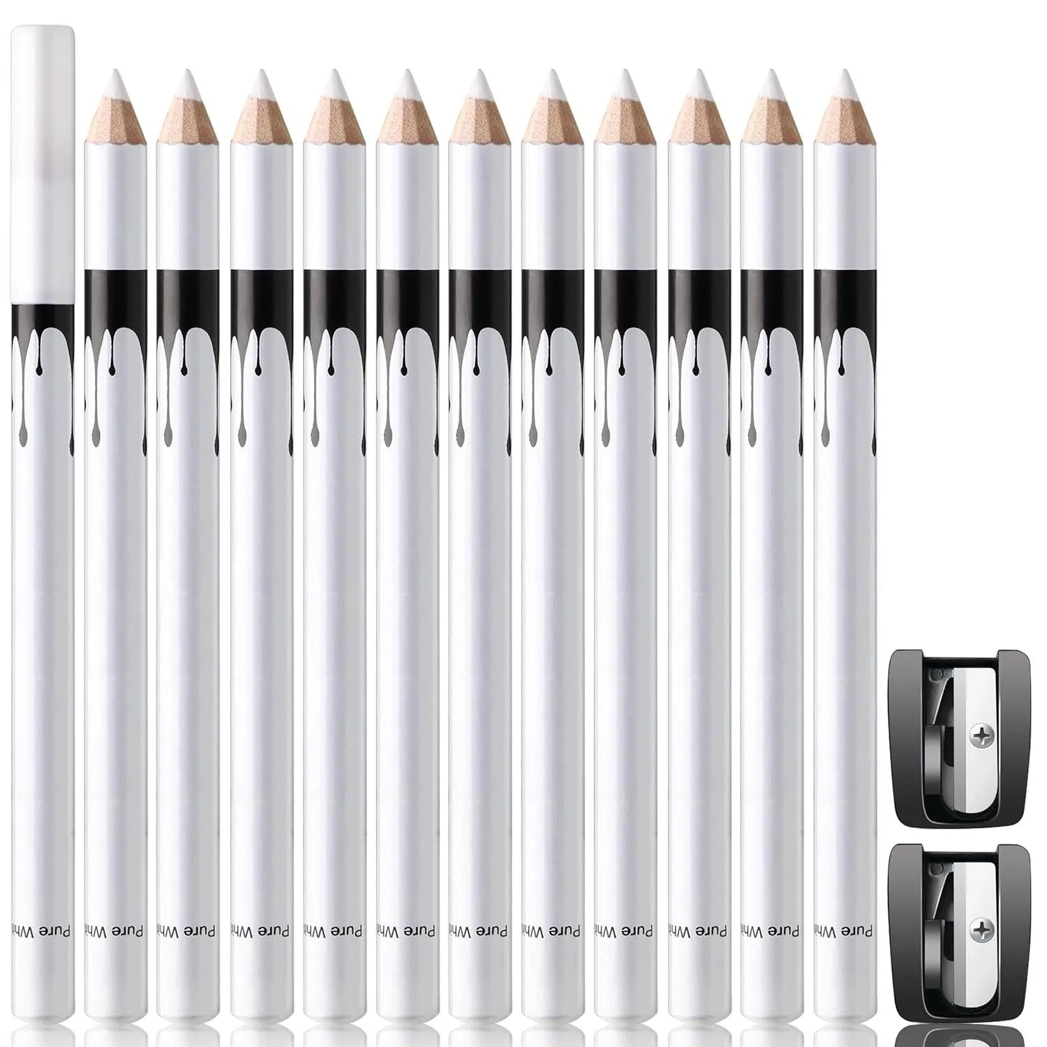 12 white and black retractable eyeliner pencils with sharpener in waterproof makeup set
