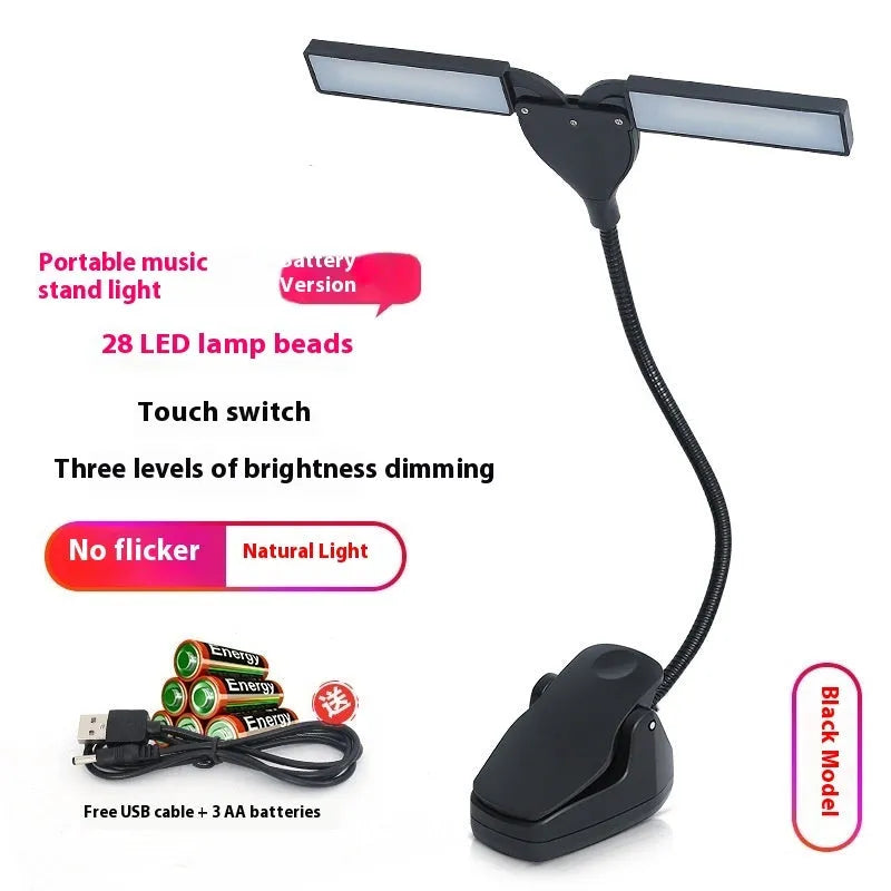 Black rechargeable music stand lamp with 28 LEDs attached to a metal music stand.
