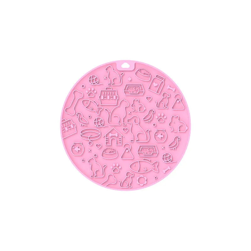Round blue silicone pet lick mat with suction cup base on a white background.