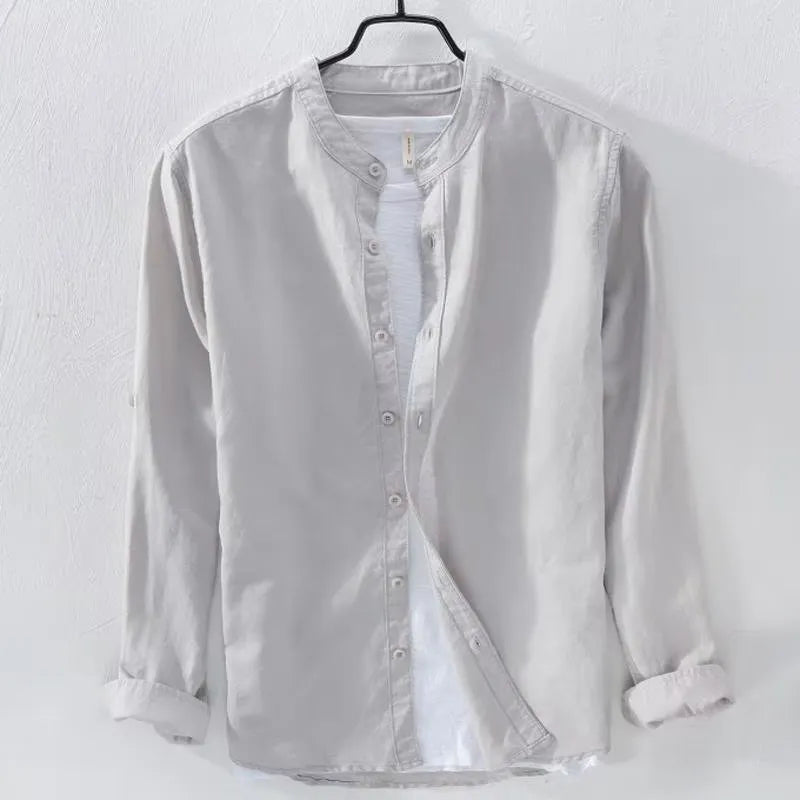 Men's loose fit linen cotton casual shirt in solid colours with long sleeves