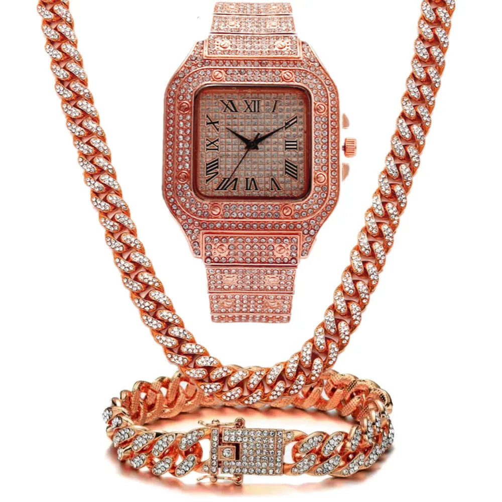 Roman numeral graduation quartz watch set with black mesh band and square dial alongside matching bracelet and necklace