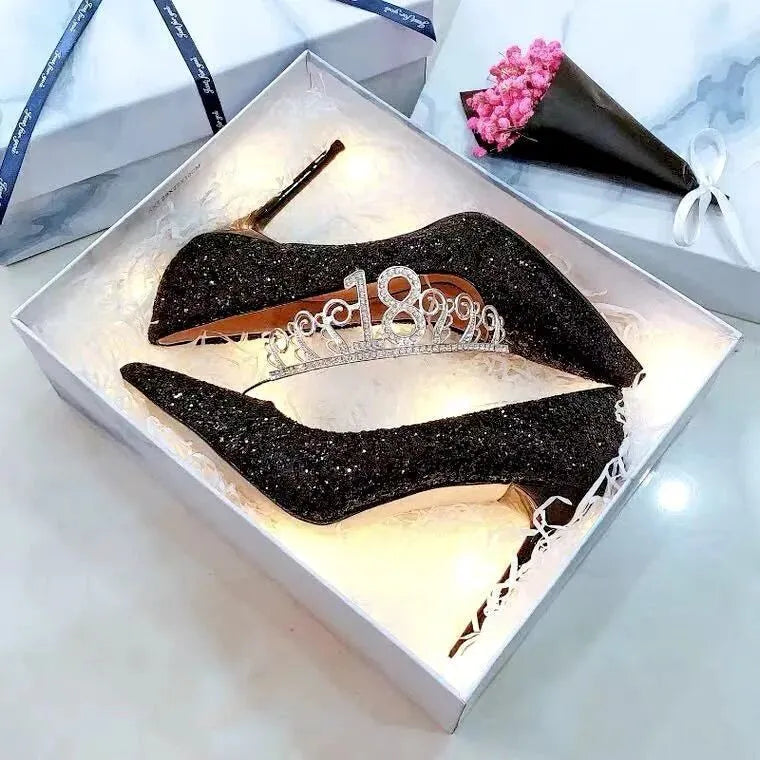 Women's wedding shoes with crystal decoration in silver or black with stiletto heels