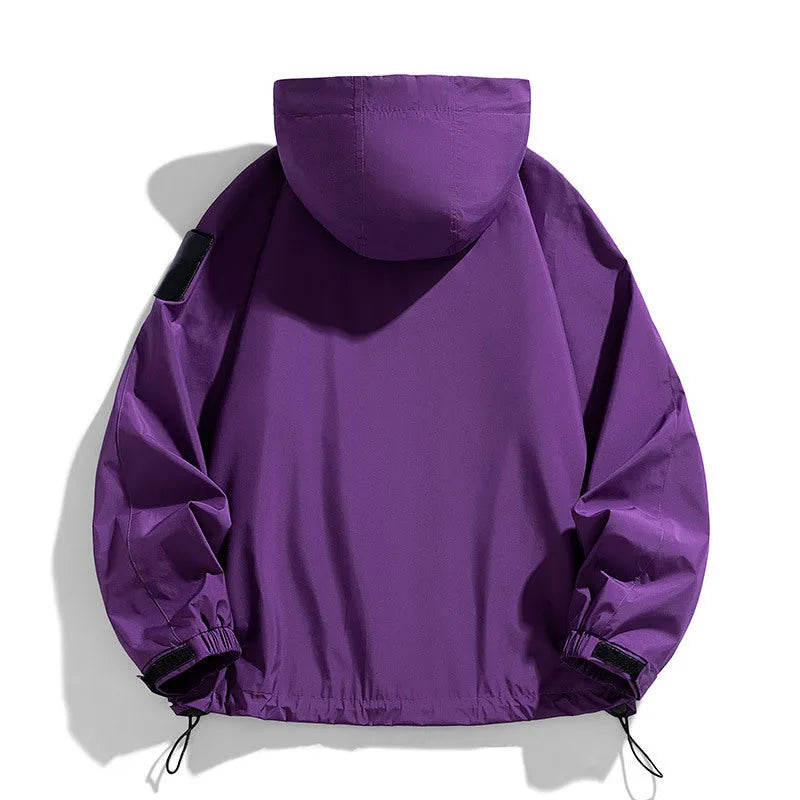Men's waterproof windproof hooded jacket in polyester blend available in black, ginger yellow, or purple
